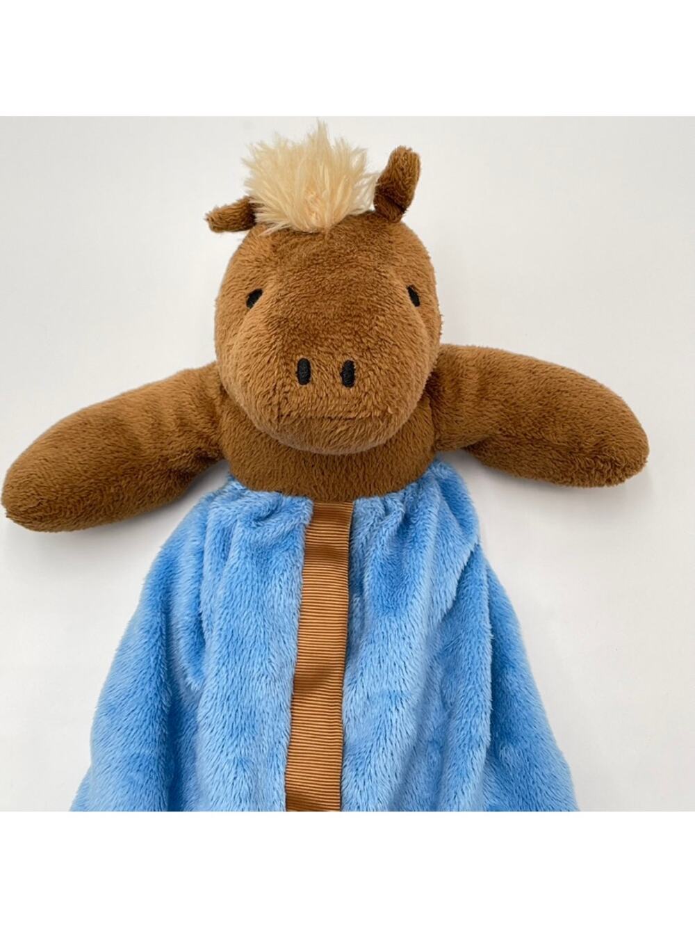 Mud Pie Blue Horse Lovey Minky Brown Satin Trim Baby Security Blanket Mudpie